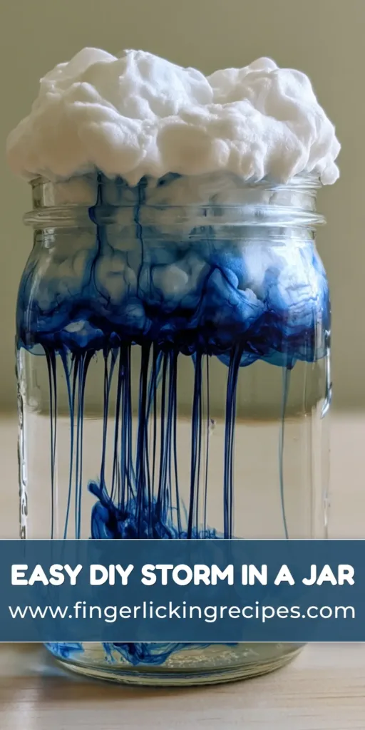 A clear glass mason jar showing a Static Electricity Storm in a Jar with blue streaks descending from a white shaving foam cloud into clear water.