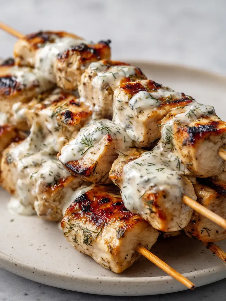 A stack of moist, glistening Dill Pickle Chicken Skewers seasoned with cracked black pepper and ranch dressing.