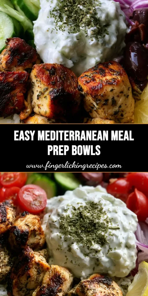A handheld smartphone photo of a Mediterranean Chicken Meal Prep container with seared chicken, rice, cucumbers, tomatoes, and tzatziki.