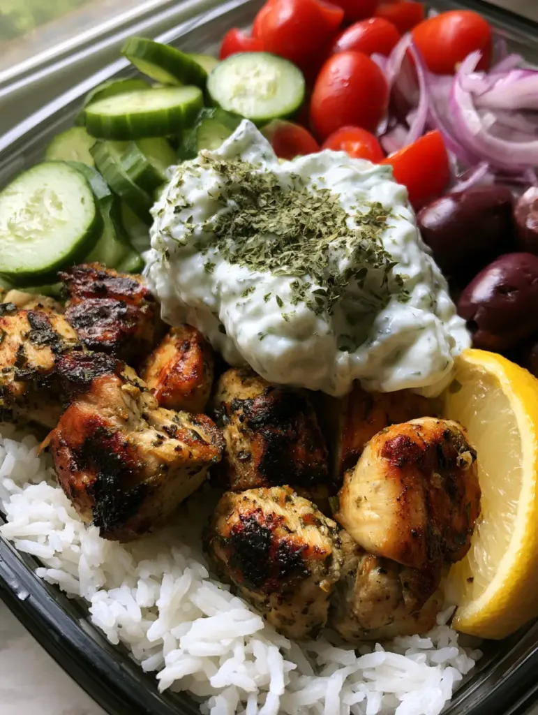 Close up view of seared cubed chicken with dark golden-brown char marks in a Mediterranean Chicken Meal Prep bowl.