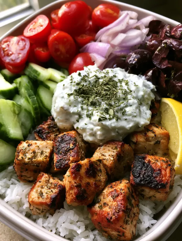 A top down view of a Mediterranean Chicken Meal Prep container showing fluffy basmati rice and fresh toppings.