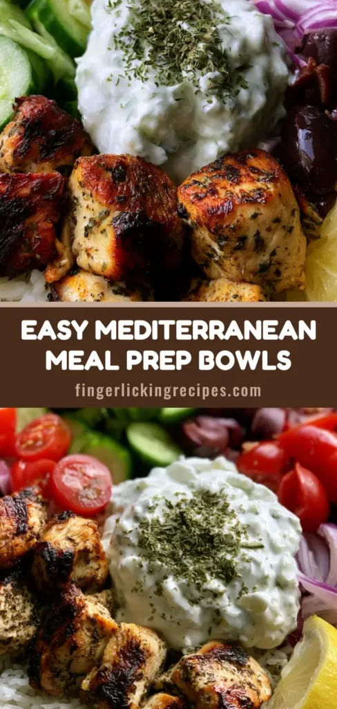 A handheld smartphone photo of a Mediterranean Chicken Meal Prep container with seared chicken, rice, cucumbers, tomatoes, and tzatziki.