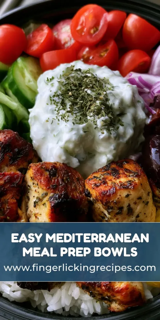 A handheld smartphone photo of a Mediterranean Chicken Meal Prep container with seared chicken, rice, cucumbers, tomatoes, and tzatziki.