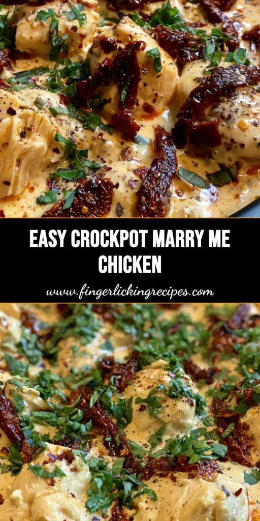 A top-down view of Marry Me Chicken in a slow cooker, featuring large chicken chunks, sun-dried tomatoes, and fresh basil in a creamy sauce. (Marry Me Chicken)