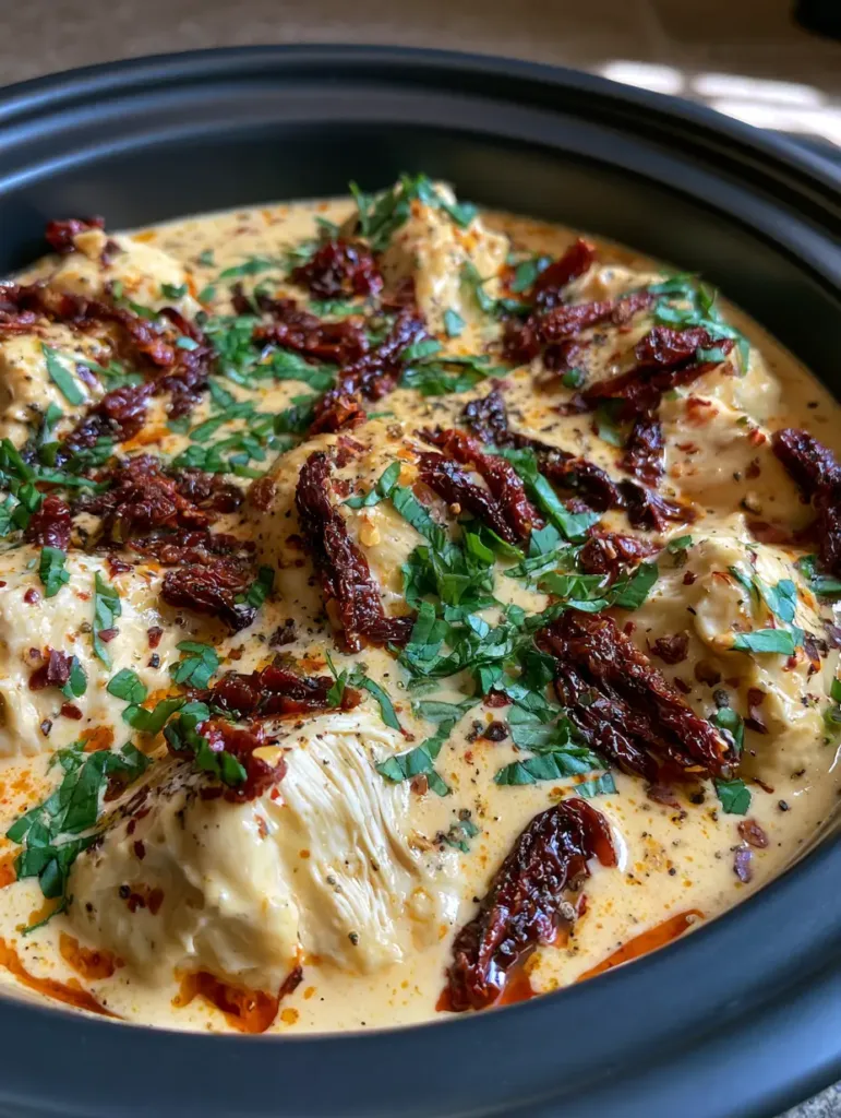 A realistic home-cooking shot of Marry Me Chicken in a matte black ceramic slow cooker garnished with fresh green basil and red pepper flakes.
