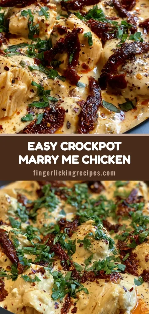 A top-down view of Marry Me Chicken in a slow cooker, featuring large chicken chunks, sun-dried tomatoes, and fresh basil in a creamy sauce. (Marry Me Chicken)
