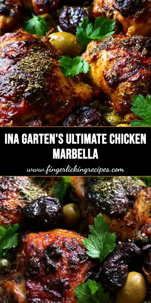 A rustic ceramic baking dish filled with Ina Garten Chicken Marbella featuring crispy chicken thighs, whole prunes, and green olives.