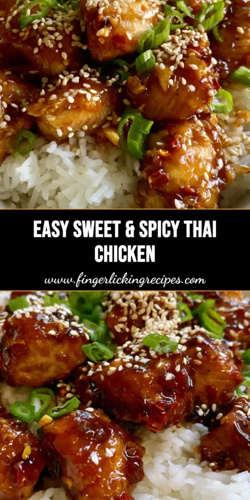 A handheld smartphone photo of Sweet and Spicy Thai Chicken in a white bowl with amber glaze, sesame seeds, and scallions over jasmine rice.