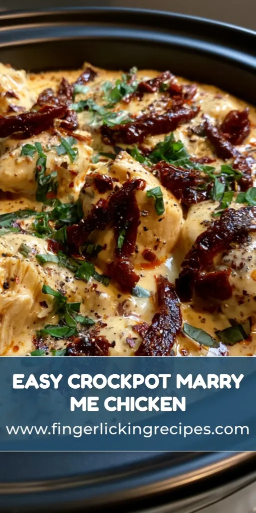 A top-down view of Marry Me Chicken in a slow cooker, featuring large chicken chunks, sun-dried tomatoes, and fresh basil in a creamy sauce. (Marry Me Chicken)