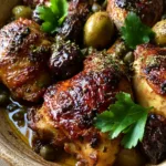 Close-up of roasted bone-in chicken thighs with glistening skin and herb flecks (Ina Garten Chicken Marbella).