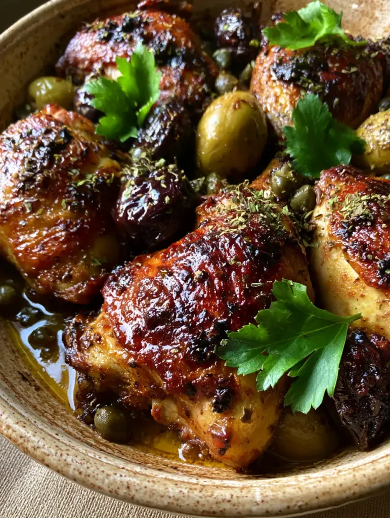 Close-up of roasted bone-in chicken thighs with glistening skin and herb flecks (Ina Garten Chicken Marbella).