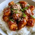 Sweet and Spicy Thai Chicken with Glossy Amber Glaze and Jasmine Rice Close up shot of Sweet and Spicy Thai Chicken featuring bite-sized seared chicken breast and a translucent amber-red glaze with visible garlic bits.