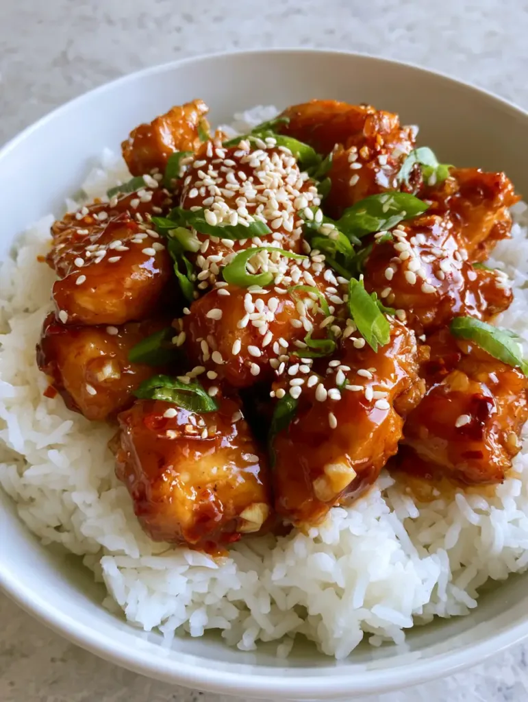 Close up shot of Sweet and Spicy Thai Chicken featuring bite-sized seared chicken breast and a translucent amber-red glaze with visible garlic bits.