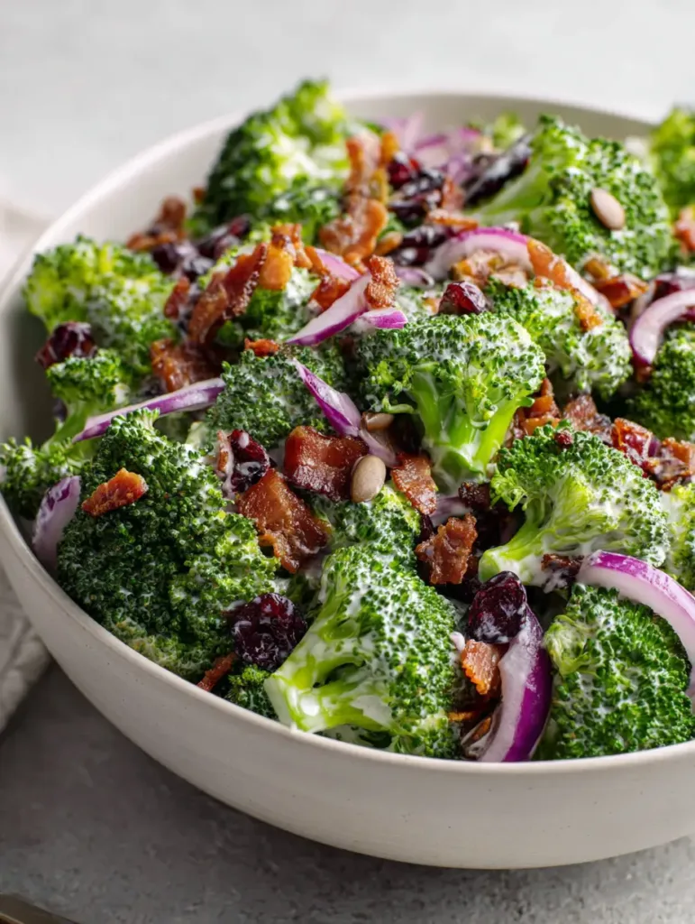 Close up of small raw vibrant green broccoli florets mixed with crispy brown bacon and purple onion in a glossy white dressing. (Classic Broccoli Salad)