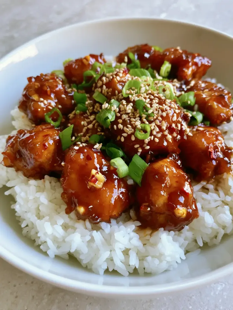 A handheld photo showing the simple and authentic plating of Sweet and Spicy Thai Chicken on a bed of fluffy jasmine rice with bright green scallions.