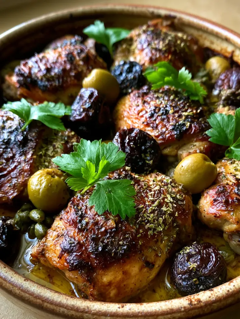 Top-down view of chicken marbella showing whole prunes, green olives, and capers in a glossy pan sauce.