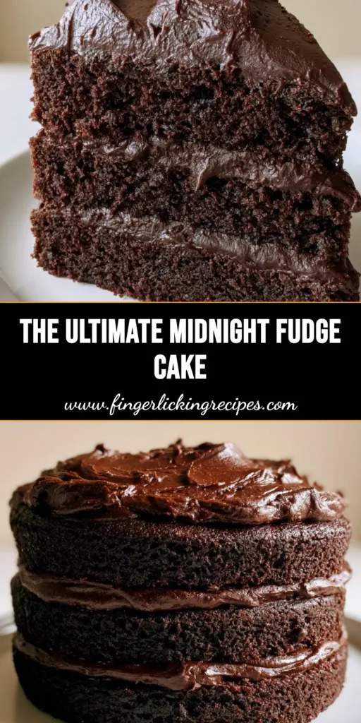 A vertical photo of a three-layer Midnight Fudge Cake with thick dark chocolate frosting on a white plate.