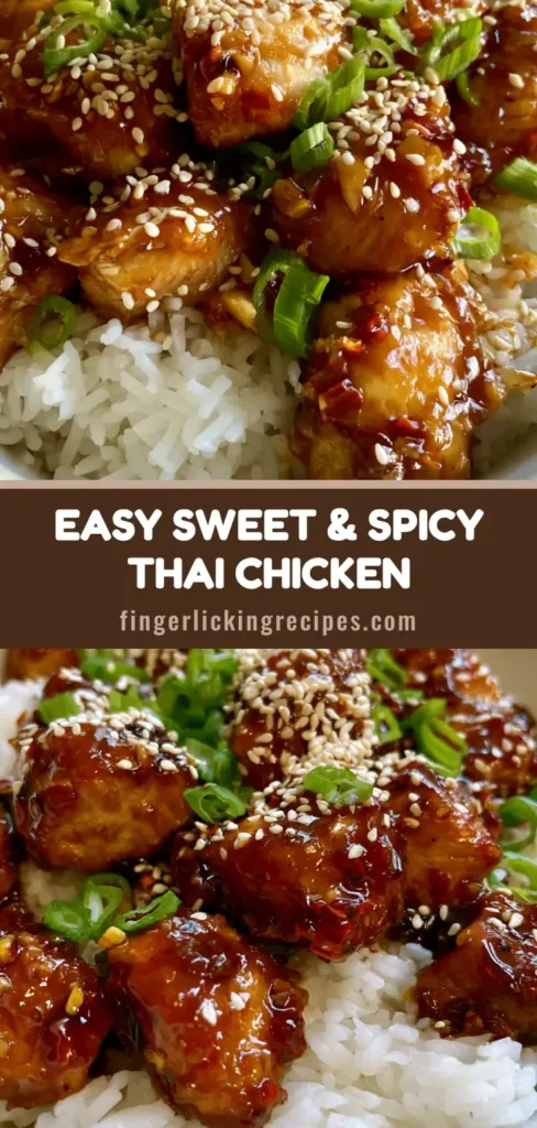A handheld smartphone photo of Sweet and Spicy Thai Chicken in a white bowl with amber glaze, sesame seeds, and scallions over jasmine rice.