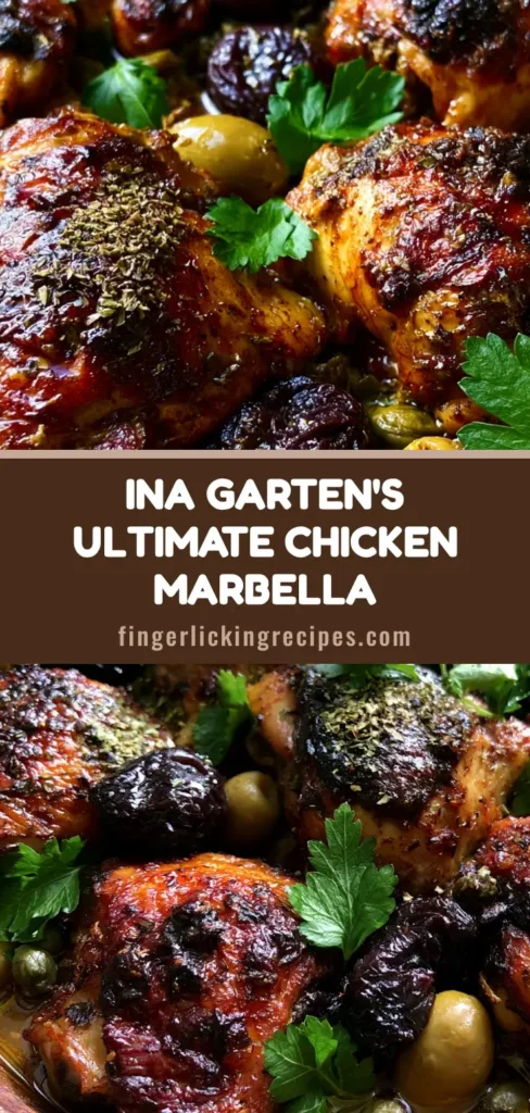 A rustic ceramic baking dish filled with Ina Garten Chicken Marbella featuring crispy chicken thighs, whole prunes, and green olives.