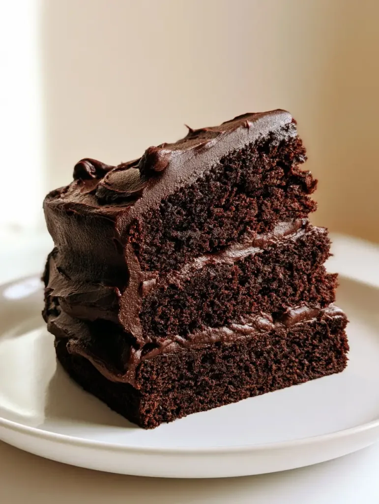 Close-up of a three-layer Midnight Fudge Cake showing the moist cocoa-brown spongy texture and spatula-textured frosting.