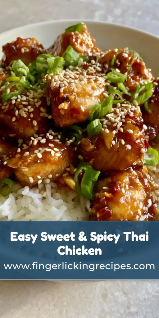 A handheld smartphone photo of Sweet and Spicy Thai Chicken in a white bowl with amber glaze, sesame seeds, and scallions over jasmine rice.