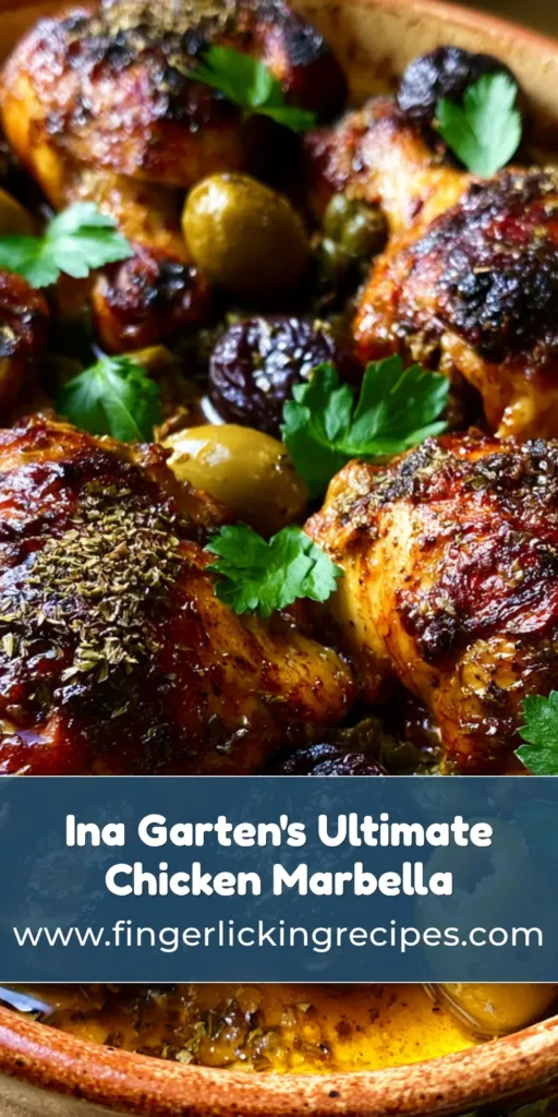 A rustic ceramic baking dish filled with Ina Garten Chicken Marbella featuring crispy chicken thighs, whole prunes, and green olives.
