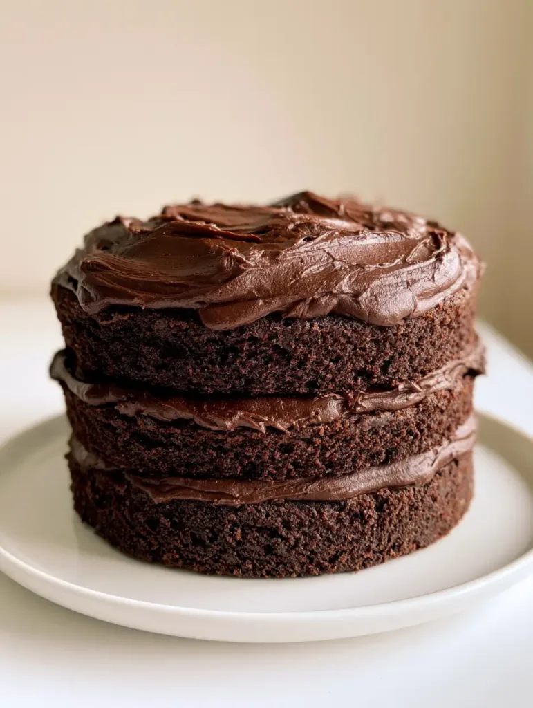 A handheld smartphone photo of the Midnight Fudge Cake on a clean white ceramic plate with a neutral background.