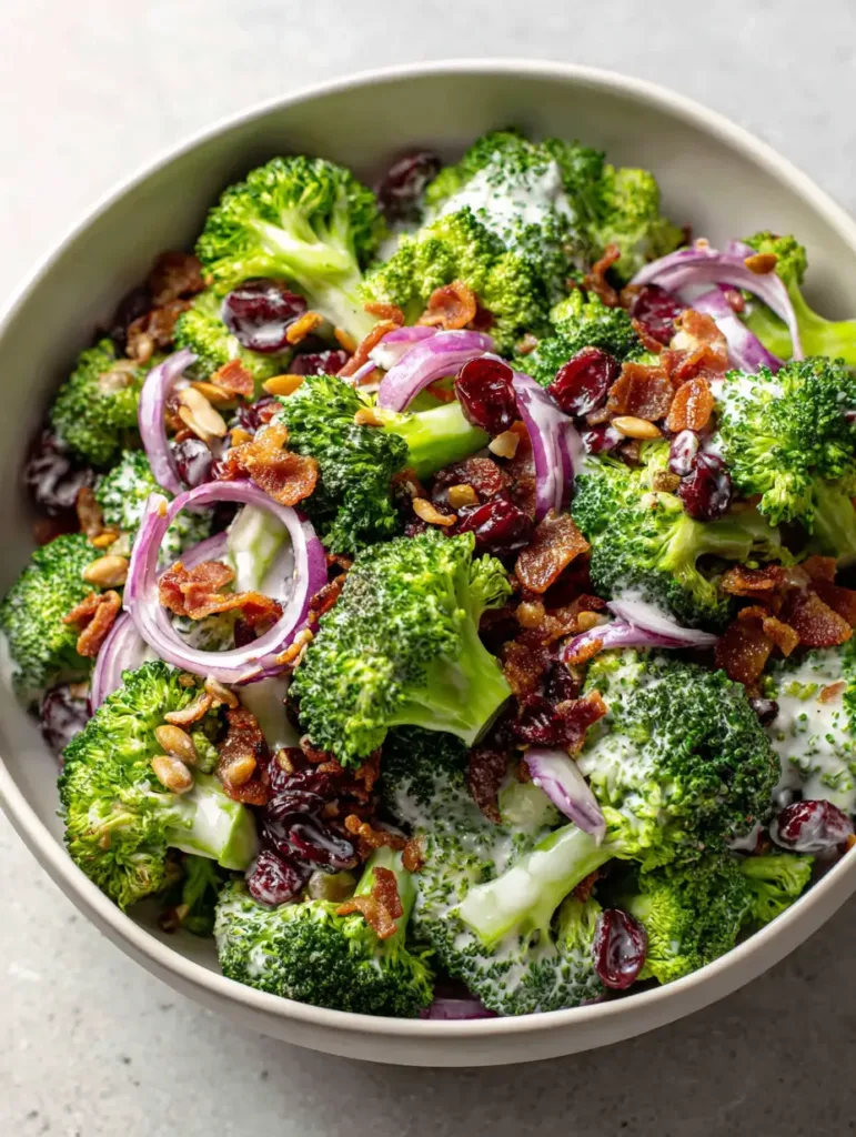 Overhead view of a white ceramic bowl filled with Classic Broccoli Salad on a neutral light countertop.