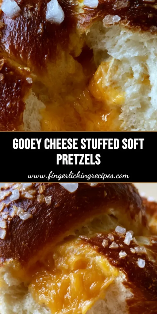 A handheld soft pretzel roll pulled apart to reveal a thick molten orange cheddar cheese center and a mahogany crust. (Cheese Stuffed Pretzels)