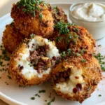 Spicy Garlic Beef Croquettes: The Ultimate Golden-Brown Crispy Comfort Food Close up of a broken Spicy Garlic Beef Croquette showing the textured panko crust and soft potato filling.