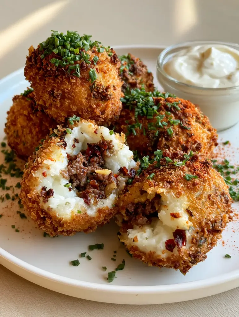 Close up of a broken Spicy Garlic Beef Croquette showing the textured panko crust and soft potato filling.