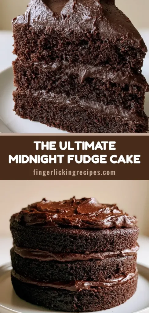 A vertical photo of a three-layer Midnight Fudge Cake with thick dark chocolate frosting on a white plate.