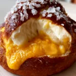 Close up of a warm golden-brown Cheese Stuffed Pretzel roll with sea salt crystals on a wooden tabletop. (Cheese Stuffed Pretzels)