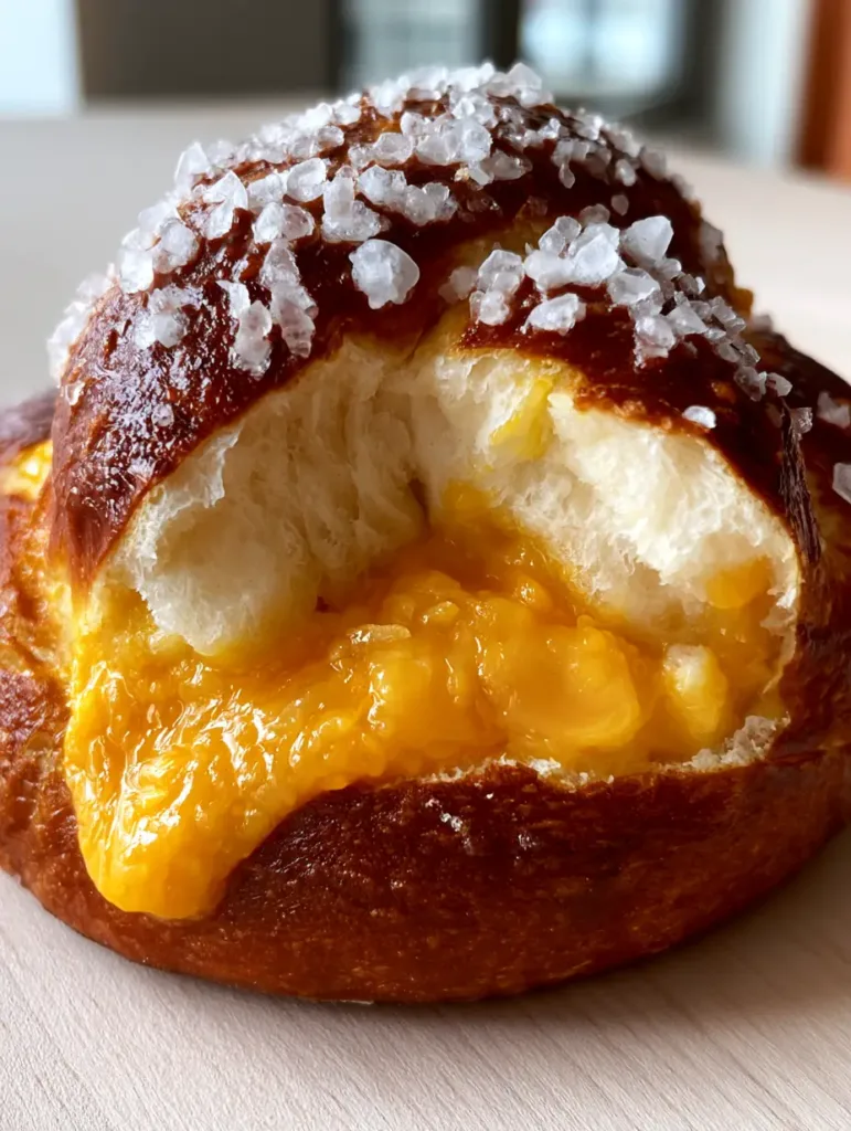 Close up of a warm golden-brown Cheese Stuffed Pretzel roll with sea salt crystals on a wooden tabletop. (Cheese Stuffed Pretzels)