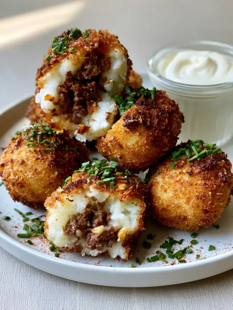 Top down view of Spicy Garlic Beef Croquettes garnished with fresh green chives and a dusting of smoked paprika.