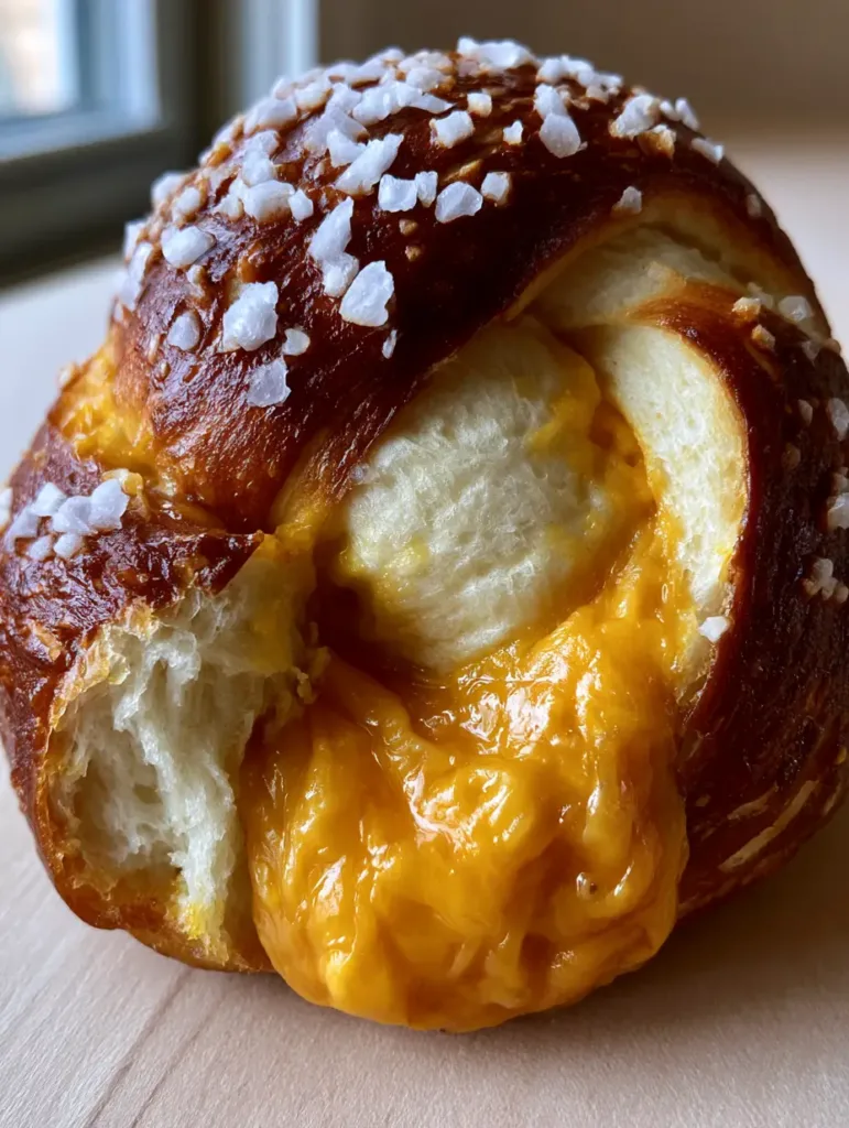 Interior view of pillowy white yeast dough and bright orange melted cheese sauce oozing out. (Cheese Stuffed Pretzels)
