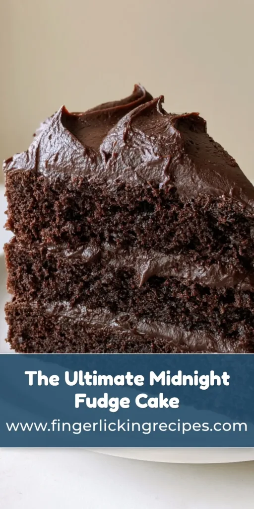 A vertical photo of a three-layer Midnight Fudge Cake with thick dark chocolate frosting on a white plate.