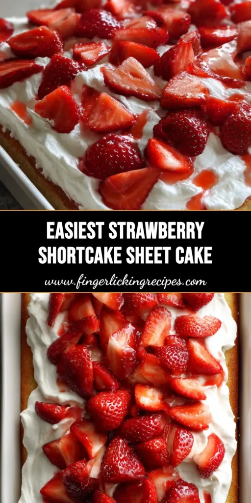 A top-down view of a Strawberry Shortcake Sheet Cake in a white dish, loaded with fresh halved strawberries and thick whipped cream.