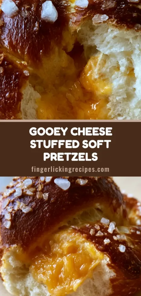 A handheld soft pretzel roll pulled apart to reveal a thick molten orange cheddar cheese center and a mahogany crust. (Cheese Stuffed Pretzels)