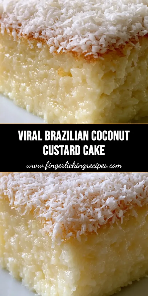 A slice of Brazilian Coconut Custard Cake on a white plate, showing a dense ivory custard base and thick desiccated coconut topping.