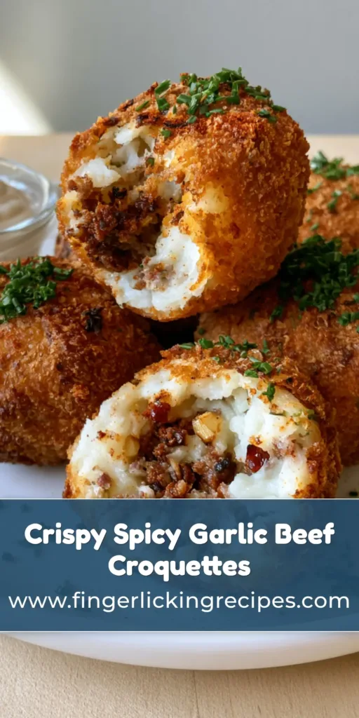 A smartphone photo of deep-fried, golden-brown Spicy Garlic Beef Croquettes on a white plate with a side of aioli.