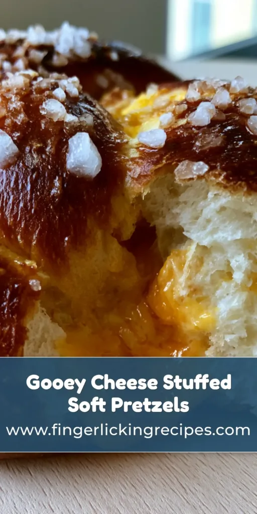 A handheld soft pretzel roll pulled apart to reveal a thick molten orange cheddar cheese center and a mahogany crust. (Cheese Stuffed Pretzels)