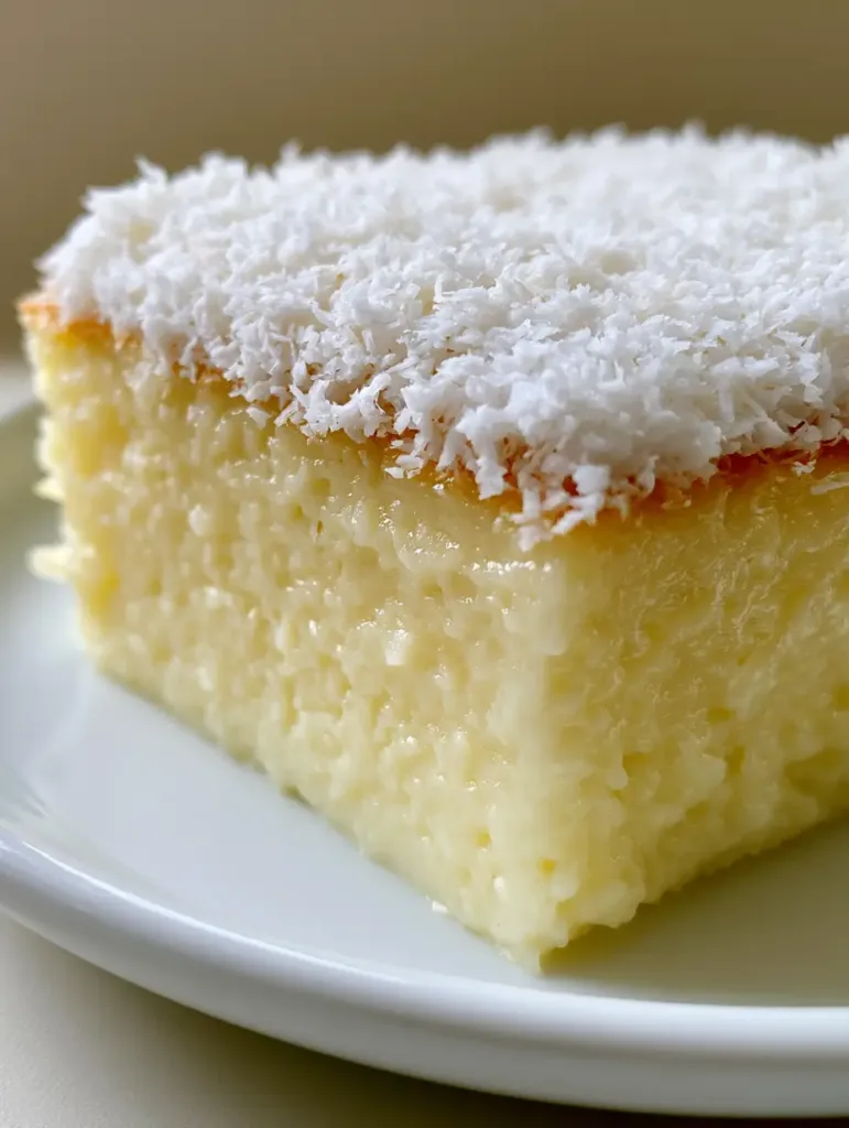 Close up of a Brazilian Coconut Custard Cake slice showing the moist, glistening ivory texture and no air bubbles. (Brazilian Coconut Custard Cake)