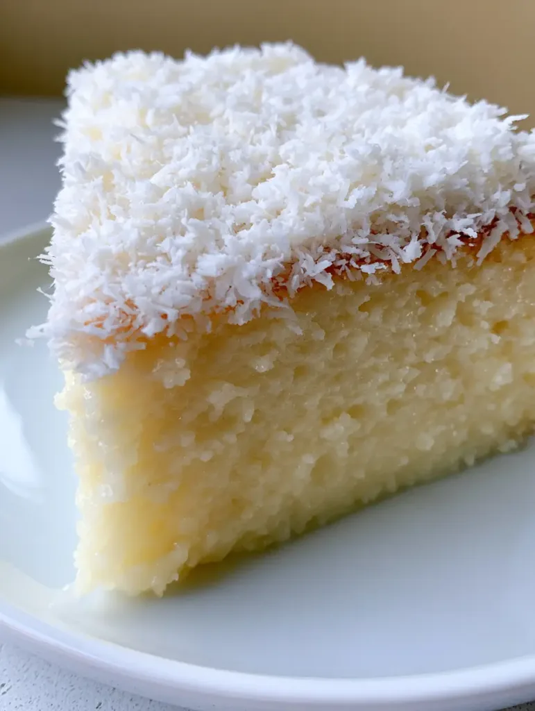 Top view of a slice of Brazilian Coconut Custard Cake generously coated with white shredded coconut.