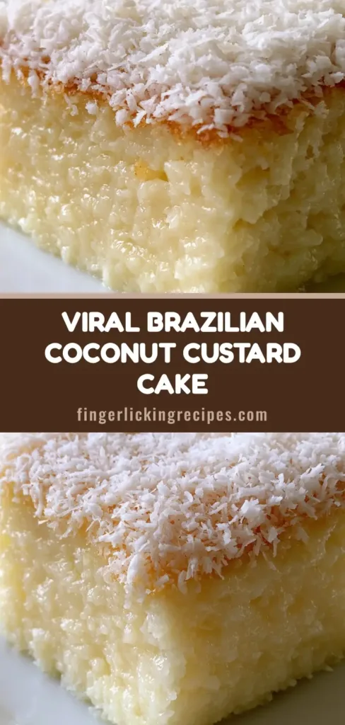 A slice of Brazilian Coconut Custard Cake on a white plate, showing a dense ivory custard base and thick desiccated coconut topping.
