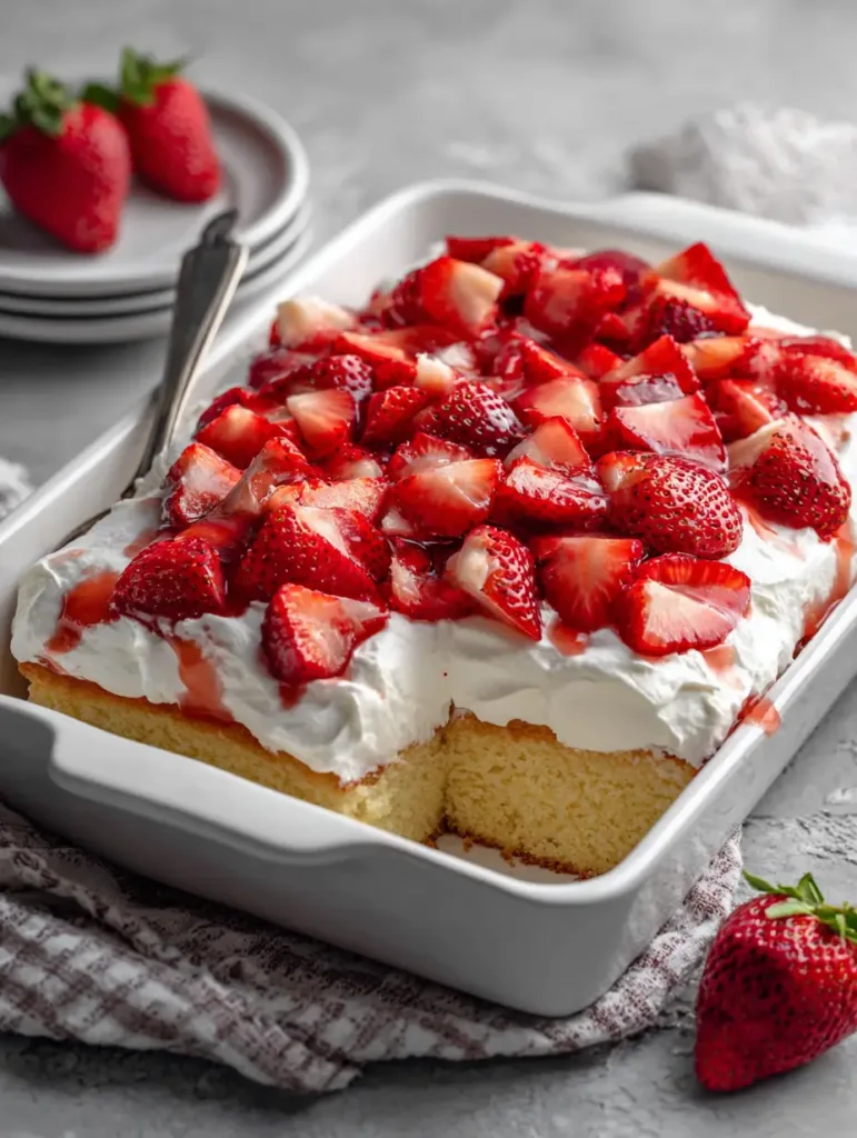 Handheld photo of a rectangular Strawberry Shortcake Sheet Cake showing the porous golden sponge and bright red berry slices.