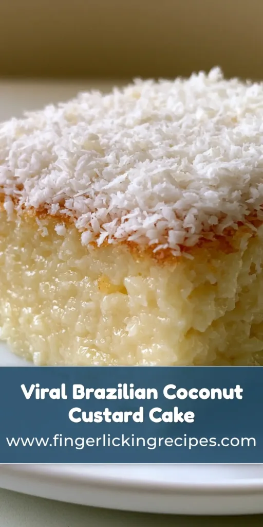 A slice of Brazilian Coconut Custard Cake on a white plate, showing a dense ivory custard base and thick desiccated coconut topping.