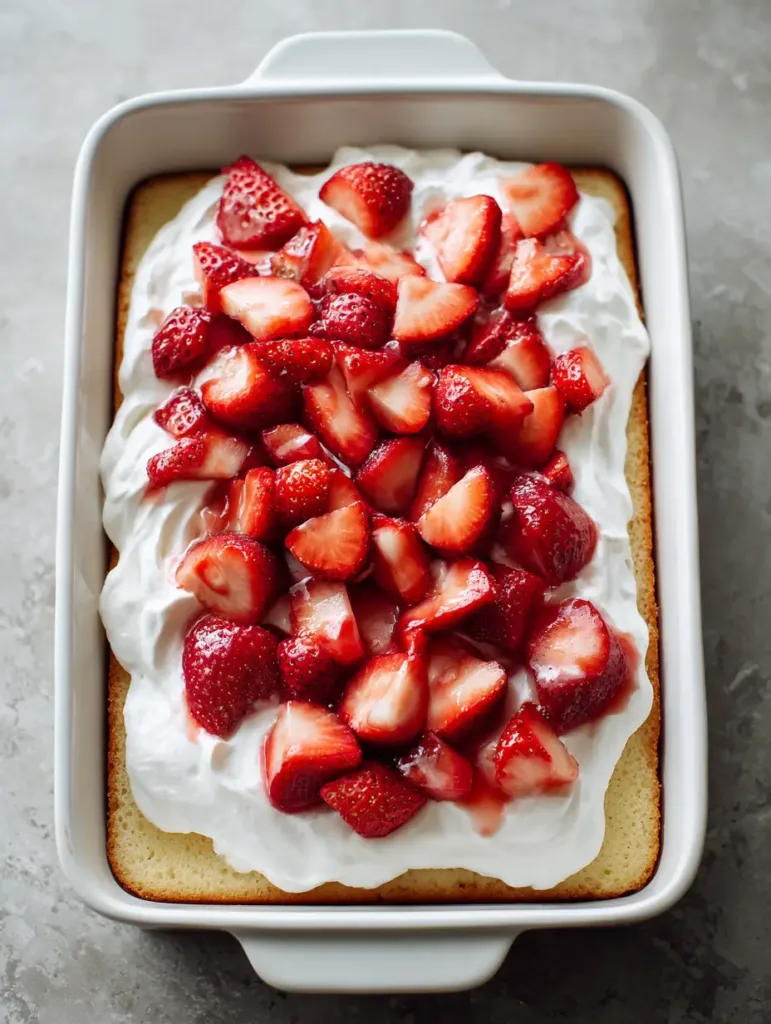 Close up of Strawberry Shortcake Sheet Cake with thick whipped cream and natural strawberry juice staining the topping.