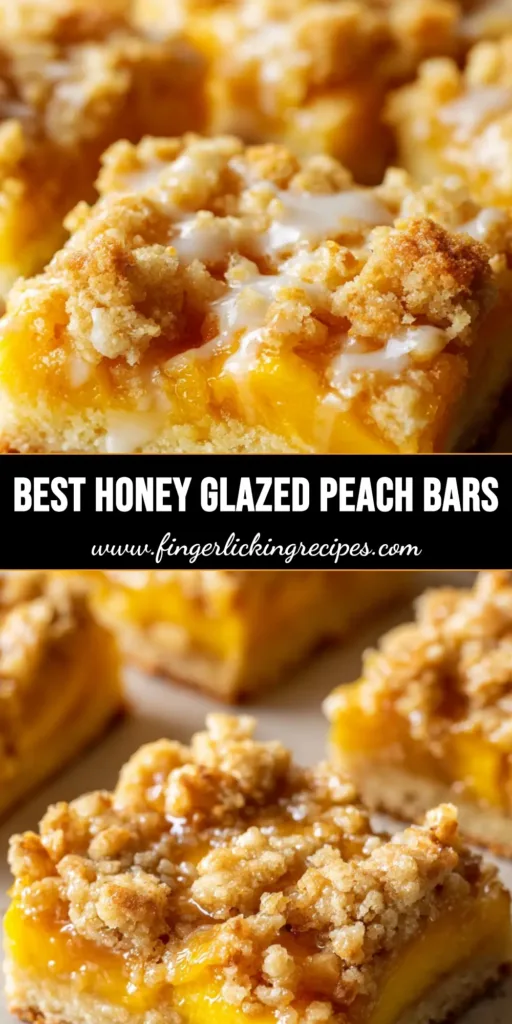 A stack of square Peach Crumble Bars showing the pale golden shortbread, vibrant yellow peach slices, and craggy honey-drizzled topping.