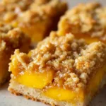 Close-up of a single Peach Crumble Bar on a ceramic plate, highlighting the glossy honey glaze and golden-brown crumble peaks.